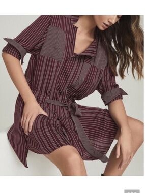 REISS Albi Mixed Striped Burgundy Mini Pocket Shirt Dress 10 Tie Waist Pockets